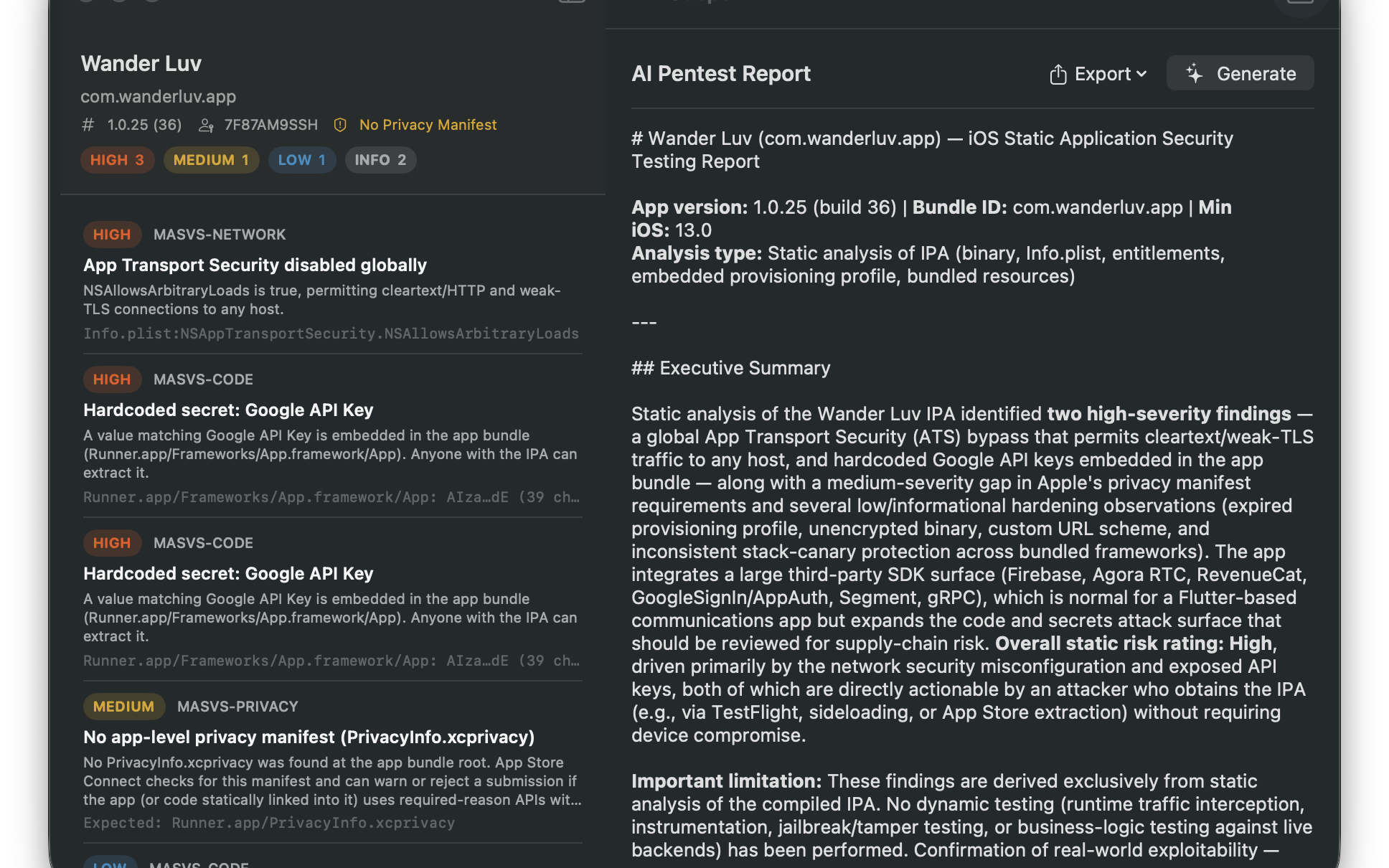 IPAScope scanning an app, showing findings grouped by severity next to the AI pentest report panel