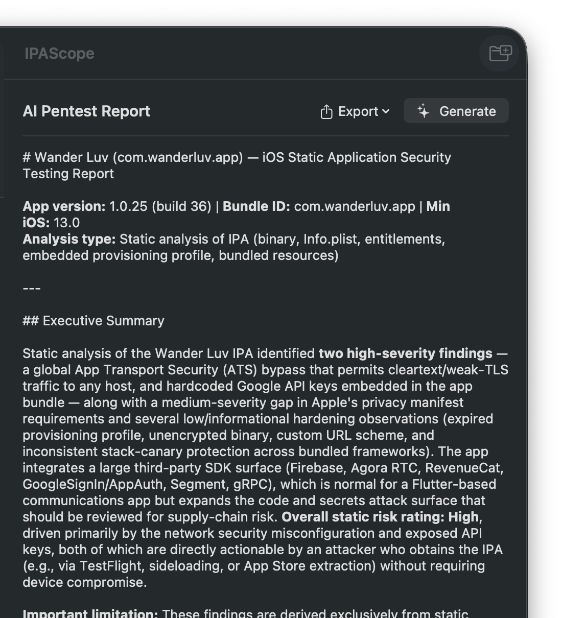 AI-generated pentest report grouping findings by MASVS category