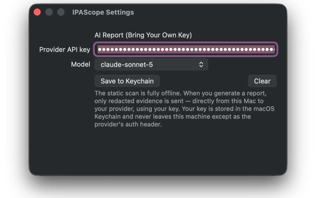 Settings screen for entering a provider API key, stored in the macOS Keychain
